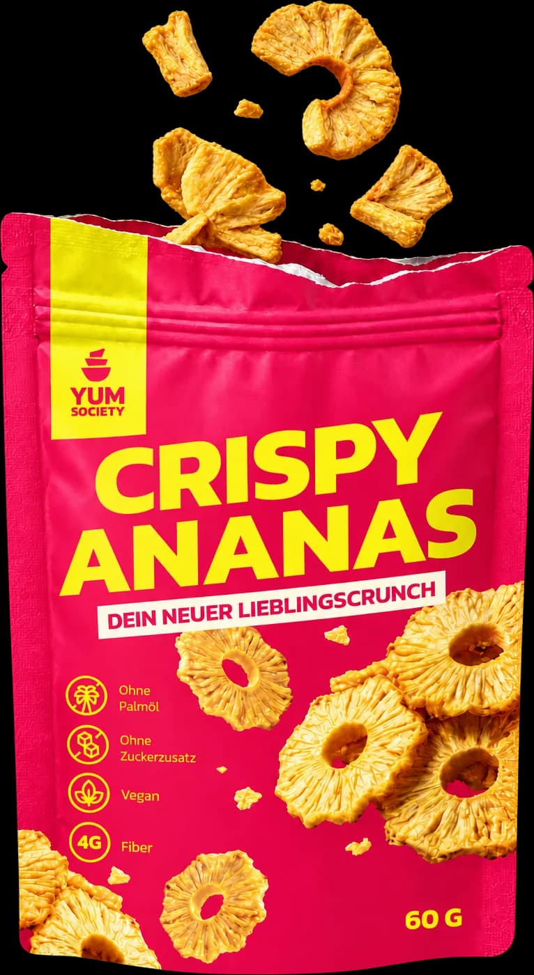 Crispy Ananas 60 g — aufgerissener Beutel, Ananasringe fliegen heraus